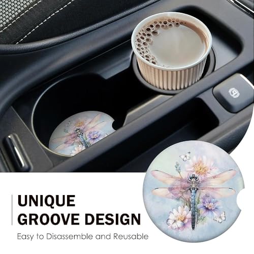 Dragonfly Car Coasters Set of 2 for Cup Holder 2.63" Absorbent Ceramic Cup Coaster Non-Slip Cork Base Drink Coasters with Finger Notch Car Accessories Interior for Women Men