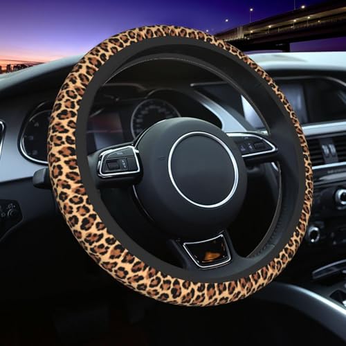 Leopard Print Steering Wheel Cover Elastic Non-Slip Car Steering Wheel Covers with Seat Belt Shoulder Pad for Women Men - color: Leopard Print