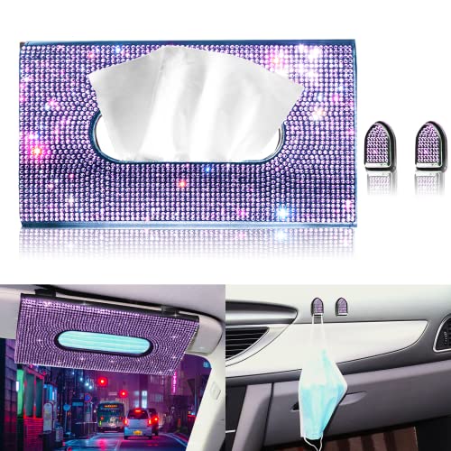 Car Visor Tissue Holder, Sparkling PU Leather Mask Box, Bling Crystals Cover Case & Glitter Mask Hook Clip for Women (Purple)