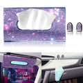 Car Visor Tissue Holder, Sparkling PU Leather Mask Box, Bling Crystals Cover Case & Glitter Mask Hook Clip for Women (Purple)