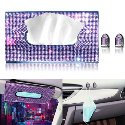 Car Visor Tissue Holder, Sparkling PU Leather Mask Box, Bling Crystals Cover Case & Glitter Mask Hook Clip for Women (Purple)