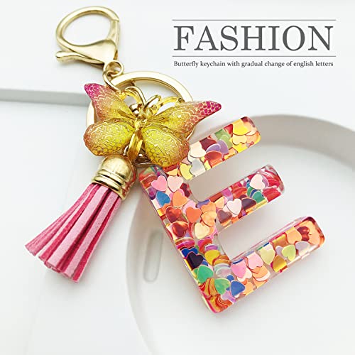 JINGUAZI Initial letter Keychains for Women Tassel Butterfly Pink Purple Cute Car Keychain for Wallet Backpack bag charm - color: E-pink