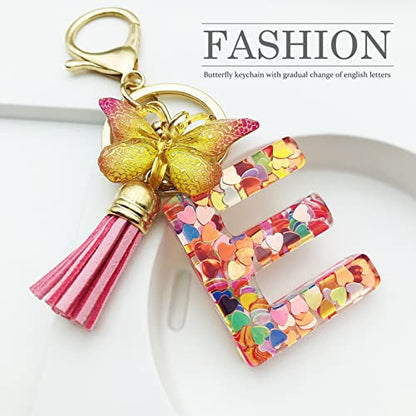 JINGUAZI Initial letter Keychains for Women Tassel Butterfly Pink Purple Cute Car Keychain for Wallet Backpack bag charm - color: E-pink
