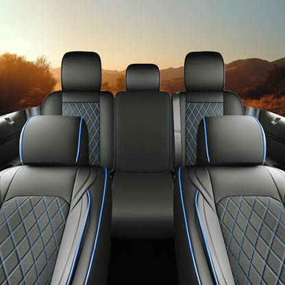 F150 Seat Covers Full Set, Faux Leather Truck Seat Covers Diamond Quilted Custom Fit for 2009-2026 F-150 SuperCrew & 2017-2026 F250 F350 F450 Crew Cab XL XLT Lariat King Ranch (Black & Blue) - color: Black & Blue, size: Front & Rear