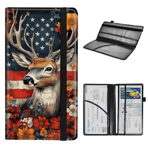 Car Registration and Insurance Holder for Women Men,Automobile License Document Card Holders Vehicle Glove Box Organizer Leather Accessories Driver Essential,Deer Flag Floral - color: Deer Flag Floral