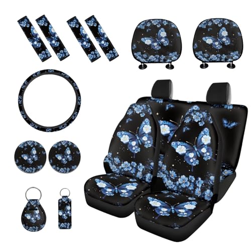 Butterfly Floral Printed 15 Pcs Car Seat Cover Full Set, Universal Auto Accessory Set Front Rear Seat Covers Steering Wheel Protector Seat Belt Pads - color: Black and Blue-Butterfly Floral