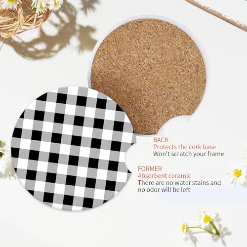 Absorbent Car Coasters 2 Pack for Women/Men,Car Coaster for Drinks,Ceramic Stone Car Cup Holder with A Finger Notch,Black White Check Checkered Plaid - color: Black White Check Checkered Plaid