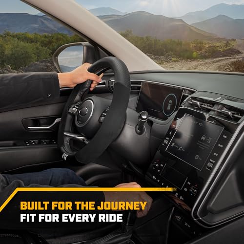 Cat® Steering Wheel Cover - Suede/PU Leather Black/Gray w/Chrome Logo, Durable & Comfortable with Advanced Grip, Car Steering Wheel Cover for Auto Truck Van SUV - Standard 14.5" - 15 Inches - color: Black/Gray Suede, size: Standard (14.5-15")
