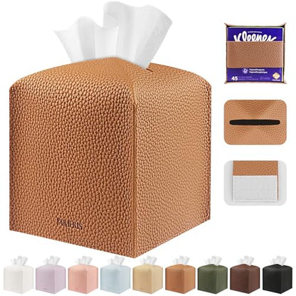 Tissue Box Cover Holder Square Tissue Cube Cover PU Leather Tissue Organizer with Bottom Belt for Bathroom, Tabletop, Car, Night Stands, Office, Home, Kitchen (1, Brown) - color: Brown