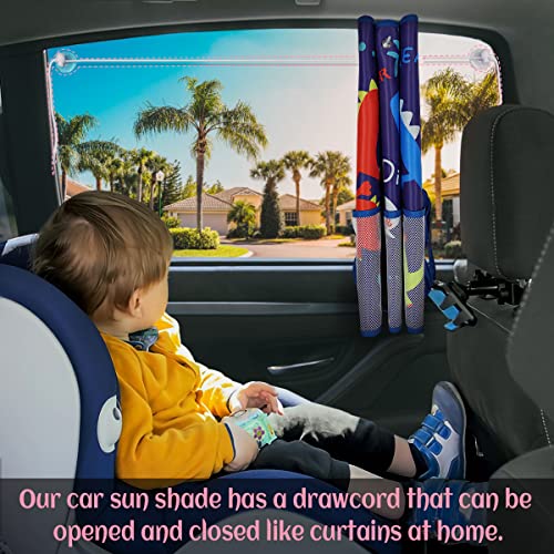 Car Window Shade for Baby, 2 Pack Car Sun Shades with Storage Net Pocket Auto Window Curtain 7 Suction Cups Blue Dinosaurs for Sun/Heat/UV Rays Protection Kids - color: Blue Dino-2pcs