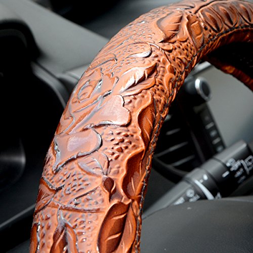 Car Steering Wheel Cover Universal 15 inch Auto Antislip Leather Protector Flower Grain Brown - color: Brown