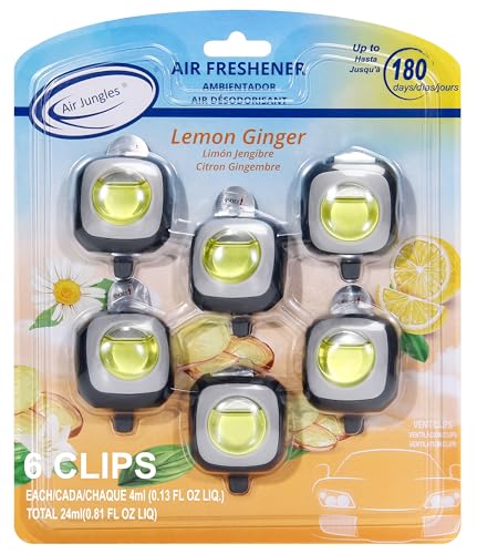 Air Jungles Lemon Ginger Scent Car Air Freshener Clip, 6 Vent Clips, 4ml Each, Long Lasting Air Freshener, Up to 180 Days Car Refresher Odor Eliminator - color: Lemon Ginger, size: 6 Count (Pack of 1)