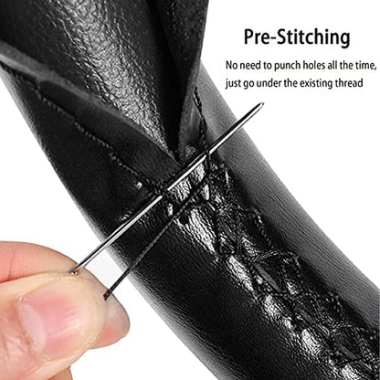 SEG Direct Genuine Leather Steering Wheel Cover, Stitch On Wrap, 15 Inch Steering Wheel Wrap for Car Truck SUV Pickup Boat, DIY Sewing with Needle Thread, Black - color: Black