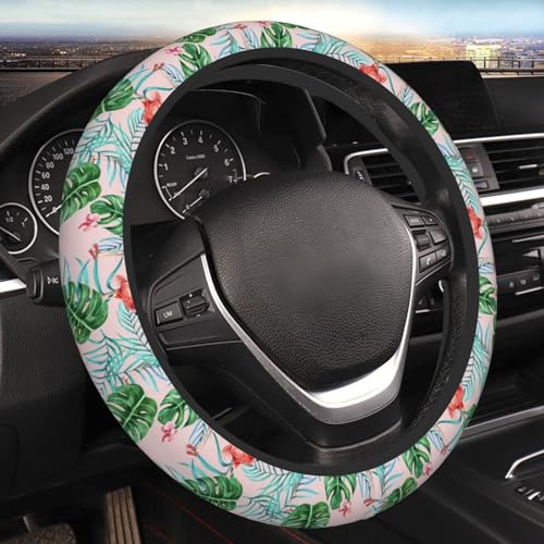 Pink Flamingo Palm Leaves Auto Car Steering Wheel Cover Universal 15 Inch, Cute Green Neoprene Interior Decor Protection Soft Elastic Comfortable Accessories Fit US SUV Sedan Gift Idea for Women Girls - color: Flamingo 2