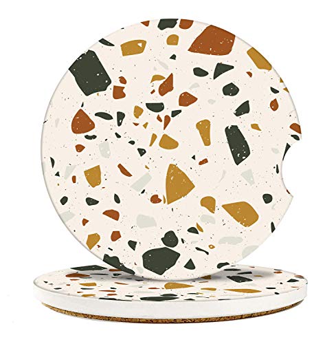 Britimes Absorbent Car Coasters 2 Pack for Cup Holders, 2.56" Ceramic Stone & Non-Scratch Cork Base Drink Coasters Cupholder Terrazzo - color: Beige