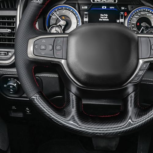MEWANT Hand Stitch Black Real Leather Shiny PU Carbon Fiber Steering Wheel Wrap for Dodge Ram 1500 Laramie Big Horn 2021 - color: Black Genuine Leather&Shiny PU Carbon Fiber
