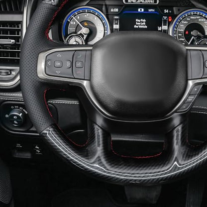MEWANT Hand Stitch Black Real Leather Shiny PU Carbon Fiber Steering Wheel Wrap for Dodge Ram 1500 Laramie Big Horn 2021 - color: Black Genuine Leather&Shiny PU Carbon Fiber