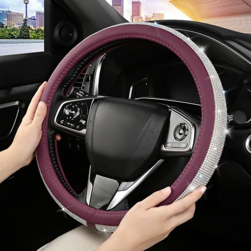 Bling Diamond Leather Steering Wheel Cover, Purple Steering Wheel Covers for Women Girls with Crystal Rhinestones, Universal Fit 14.5"-15" Car Steering Wheel Bling Cover Accessories - color: Purple