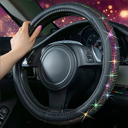 CAR PASS Diamond Leather Steering Wheel Cover, with Bling Crystal Rhinestones Fit Suvs,Vans,Sedans,Cars,Trucks Universal Fit 14.5-15inch Crystal Glitter for Women Sparkle Girl, Multicolor Diamond - color: Colorful Diamond