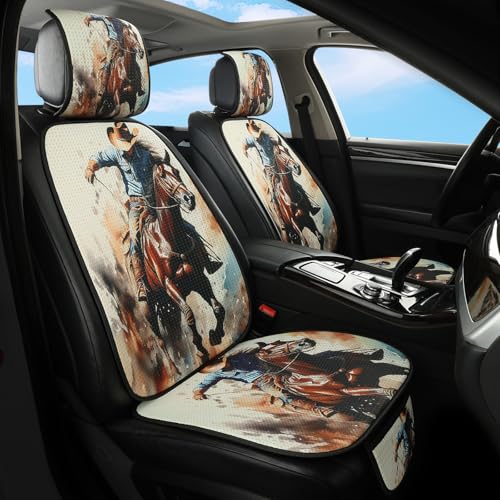Luxury Boho Car Seat Covers Set,2-Front Seat Full Set,Cowhide Cowboy Ranch Western Vintage Bohemian Pattern Honeycomb Knit Fabric,Breathable&All-Season Universal Automotive Seat Protectors - color: Western Cowboy Design, size: 2 Front-Seat