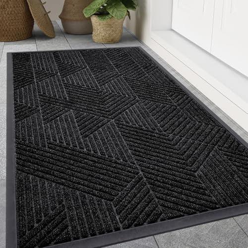 Smiry Front Door Mat Outside Entrance, Heavy Duty Sturdy Natural Rubber Doormat, Trap Dirt and Moisture, Easy Clean Low Profile Mats for Indoor Outdoor Entry, Irregular Triangle (47x32, Black) - color: Black, size: 47" X 32"
