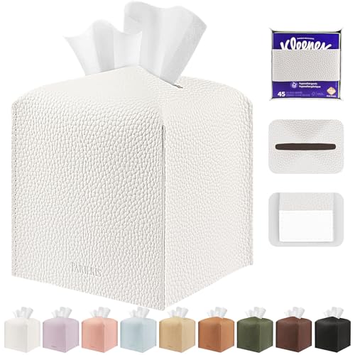 Tissue Box Cover Holder Square Tissue Cube Cover PU Leather Tissue Organizer with Bottom Belt for Bathroom, Tabletop, Car, Night Stands, Office, Home, Kitchen (1, White) - color: White