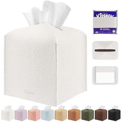 Tissue Box Cover Holder Square Tissue Cube Cover PU Leather Tissue Organizer with Bottom Belt for Bathroom, Tabletop, Car, Night Stands, Office, Home, Kitchen (1, White) - color: White