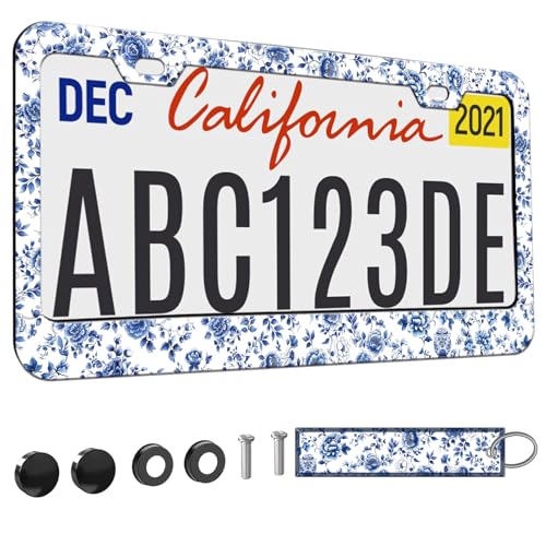 1pcs Blue White Porcelain Floral License Plate Frame for Women, Blue Flowers car Decorative tag Frames Girly, Cute Floral License Plate Cover Holder for Vehicle with Double Sided car Keychain tag - color: for blue white porcelain floral flowers, size: 1pc