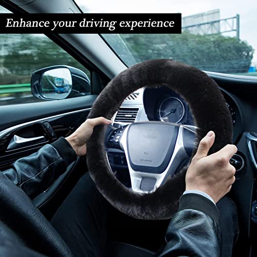 WenMei 4PCS Set Fluffy Steering Wheel Covers with Handbrake Cover&Gear Shift Cover&Plush Keychain Furry Steering Wheel Cover for Women Girl Fashion Warm Car Wheel Protector Fit Most Car (Black) - color: Black