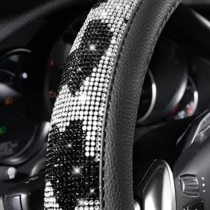 CAR PASS Bling Cow Print Diamond Steering Wheel Cover, with Sparkly Crystal Glitter Rhinestones Black Leather Car Wheel Protect for Women Girl Fit Suvs,Vans,Sedans,Cars,Trucks, 14" 1/2-15" Cow Design - color: Cow Diamond