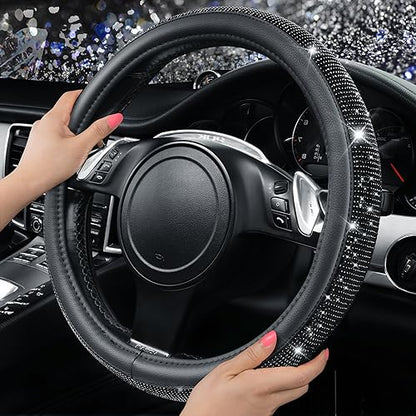 CAR PASS Bling Diamond Leather Steering Wheel Cover, With Sparkly Crystal Glitter Rhinestones Universal Fit 14"1/2-15" Car Wheel Protector for Women Girl Fit Suvs,Vans,Sedans,Car,Trucks, Black Diamond - color: Black Diamond on Velvet