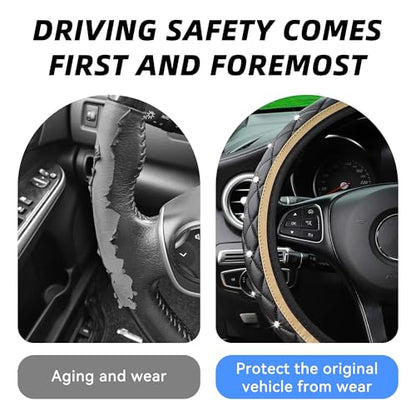 Bling Leather Steering Wheel Cover, 15 Inch Anti-Slip Elastic Auto Steering Wheel Protector with Sparkling Diamond for Women Girls, Universal Vehicle Decor Accessories for Most Cars (Beige)