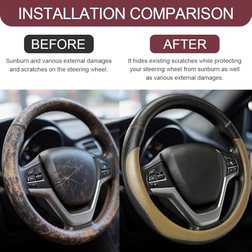 Car Steering Wheel Cover, Durable Leather Cover with Anti-Slip Lining, Microfiber PU Leather Elastic Steering Wheel Protector, Comfortable Non-Slip Steering Wheel Covers for Autos (Beige) - color: Beige