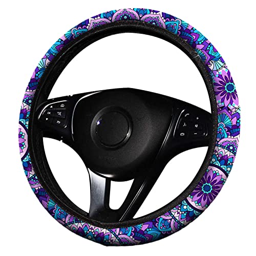 4 Pieces Mandala Purple Lotus Steering Wheel Cover Set with 2pcs Car Cup Coasters & Quarter Keyring, Cute and Fashionable Non-Slip Purple Steering Wheel Cover, Universal Fit 14-15.5 inches