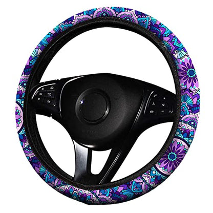 4 Pieces Mandala Purple Lotus Steering Wheel Cover Set with 2pcs Car Cup Coasters & Quarter Keyring, Cute and Fashionable Non-Slip Purple Steering Wheel Cover, Universal Fit 14-15.5 inches