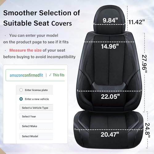 Coverado Front Seat Covers, 2 Pieces Universal Seat Covers for Cars, Breathable Fabric & Leather Car Seat Protectors, Car Seat Cushions Auto Accessories Fit for Most Sedans SUV Truck, Black