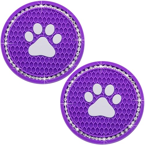2PCS Bling Car Cup Holder Coaster, Universal Dog/Cat Paw Auto Non-Slip Crystal Rhinestone Cup Holder Coaster, 2.75In Universal Non-Slip Recessed Car Interior Accessories (Purple & White) - color: Purple & White, size: 2 pcs