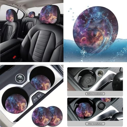 Wolf Planet Galaxy Pattern 15 Pcs Car Accessories Set, Car Interior Covers Set Front Rear Seat Covers Steering Wheel Cover Seat Belt Covers Car Headrest Cover Car Coaster - color: Wolf Planet Galaxy Pattern