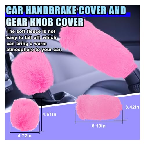 10PCS Fluffy Car Accessories Set, Furry Steering Wheel Cover with Warm Fuzzy Gear Shift Cover Ball Keychain Handbrake Cover Console Seat Belt Shoulder Pads & Diamond Ignition Ring Cup Mats (Pink) - color: Pink