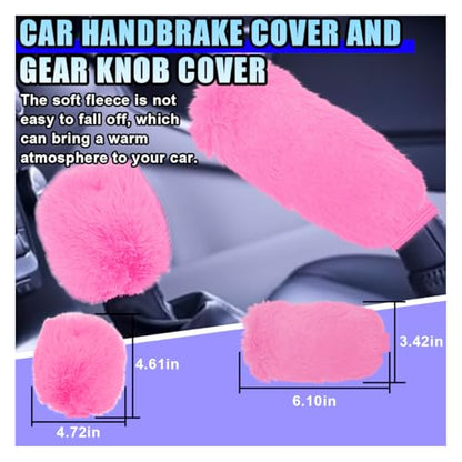10PCS Fluffy Car Accessories Set, Furry Steering Wheel Cover with Warm Fuzzy Gear Shift Cover Ball Keychain Handbrake Cover Console Seat Belt Shoulder Pads & Diamond Ignition Ring Cup Mats (Pink) - color: Pink