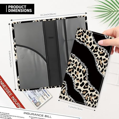 Leather Car Registration and Insurance Card Holder, Cute Car Accessories Vehicle Glove Box Car Organizer for Documents, Cards, License Shining Leopard Pattern - color: Shining Leopard Pattern