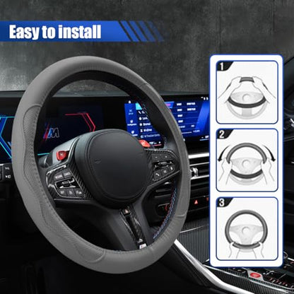 Car Steering Wheel Cover, 15 Inch Leather Anti-Slip Breathable Automotive Steering Wheel Protector, Universal Heat Resistant Vehicle Interior Accessories Cars, SUVs, Trucks(Gray) - color: Gray