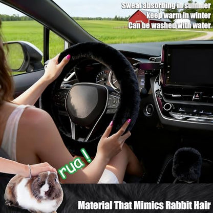Furry Car Steering Wheel Cover, Heat Absorbing Fluffy Cover, Soft Warm Plush Non-Slip, 14 1/2-15 inch, for Women Girls, Black - color: single cover - black