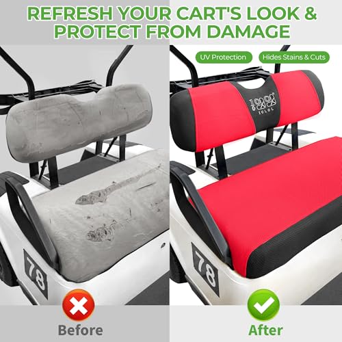10L0L Golf Cart Seat Covers, Super Comfort Cooler Than Vinyl Seat Cover, Front and Rear Seat Cover for Yamaha EZGO Club Car, No Drilling Breathable Mesh Bench Seat Blanket, Machine Washable - color: Red + Black, style: Front Seat - For EZGO TXT & RXV & Cl