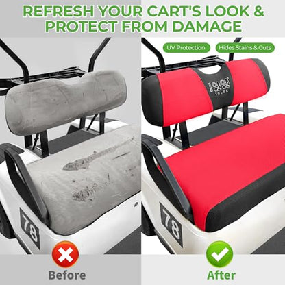 10L0L Golf Cart Seat Covers, Super Comfort Cooler Than Vinyl Seat Cover, Front and Rear Seat Cover for Yamaha EZGO Club Car, No Drilling Breathable Mesh Bench Seat Blanket, Machine Washable - color: Red + Black, style: Front Seat - For EZGO TXT & RXV & Cl