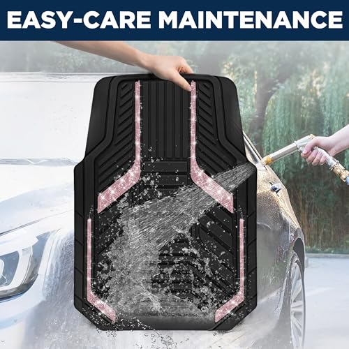 PIC AUTO Car Floor Mats, Pink Sparkly Crystal Bling Glitter Car Mats Set, Front and Rear Heavy Duty Rubber Car Mats with Anti-Slip Backing, All Weather, Trim-to-Fit for SUVs, Trucks, Sedan, Vans - color: Pink Glitter