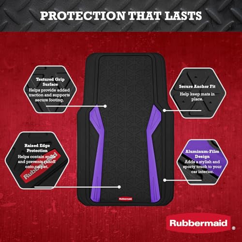 Rubbermaid Car Floor Mats Full Set,Premium Heavy Duty All-Weather Car Mats– Rugged Rubber with Brushed Aluminum Inserts, Universal Trim-to-Fit, Anti-Slip Backing for Cars, SUVs, Trucks & Vans - Purple - color: Purple
