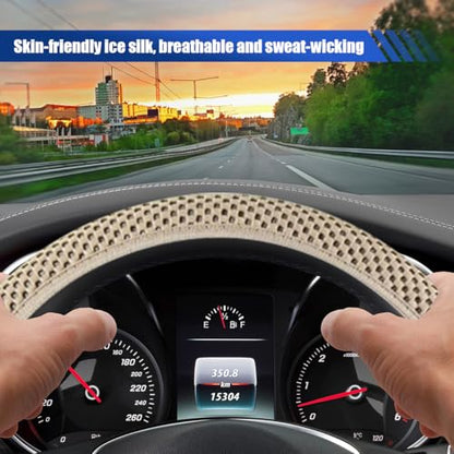 Elastic Stretch Steering Wheel Cover, 15" Breathable Microfiber Ice Silk Steering Wheel Protector, Universal Anti-Slip Car Warm in Winter&Cool in Summer Accessories for Men Women (Beige) - color: Beige