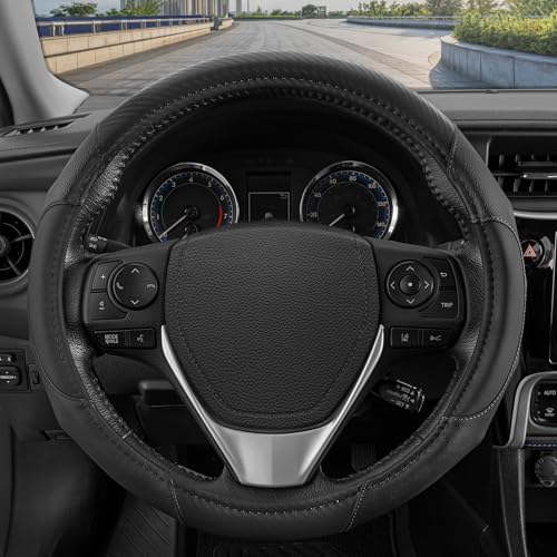 Motor Trend GripDrive Carbon Fiber Steering Wheel Cover, Non-Slip Sporty Racing Faux Leather Ergonomic Comfortable Handle, Steering Wheel Cover for Cars Trucks Vans SUV - Fits Standard 15 Inch - Black - color: All Black GripDrive15, size: Fits 14.5 - 15"