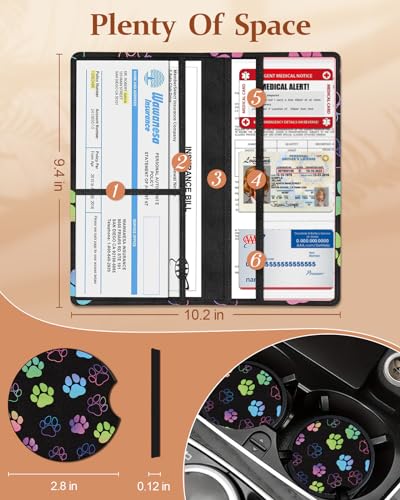 Slohif Car Registration and Insurance Card Holder with Magnetic Shut - Vehicle Glove Box Organizer Women Leather Automobile License Holders Coasters Auto Accessories Case for Document Paw Print - color: Paw Prints